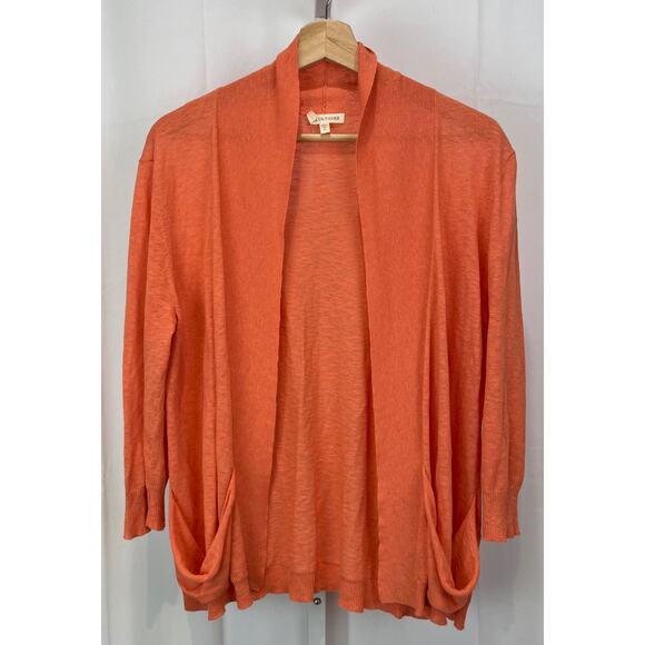 EILEEN FISHER Open Cardigan Sweater 3/4 Sleeve Pockets Linen Cotton Orange M - Picture 1 of 7